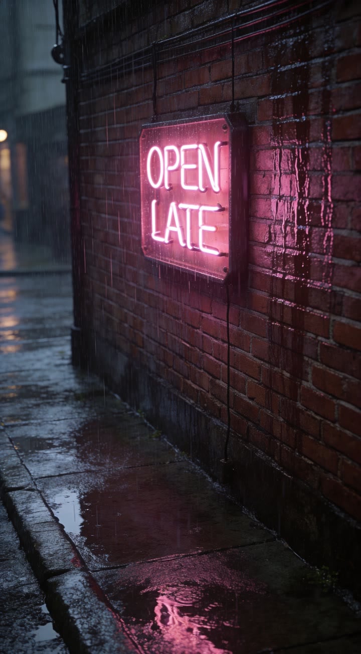 Start frame: Neon sign in the rain