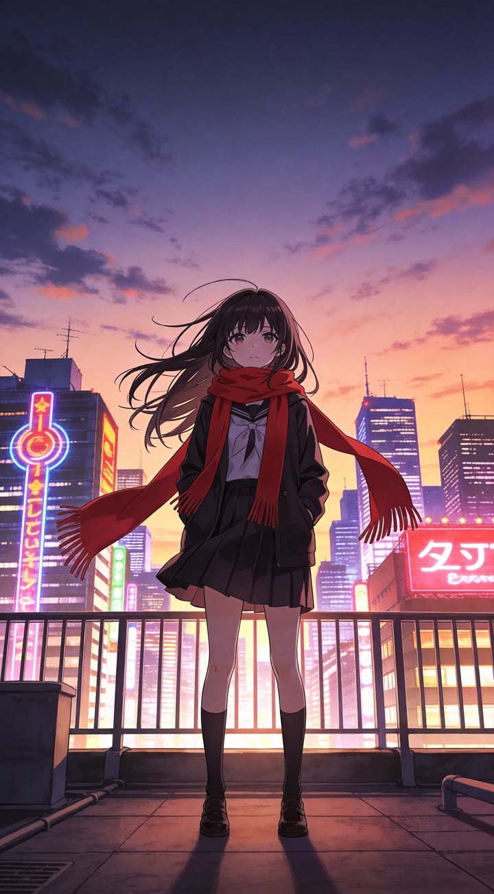 Start frame: Anime rooftop at dusk